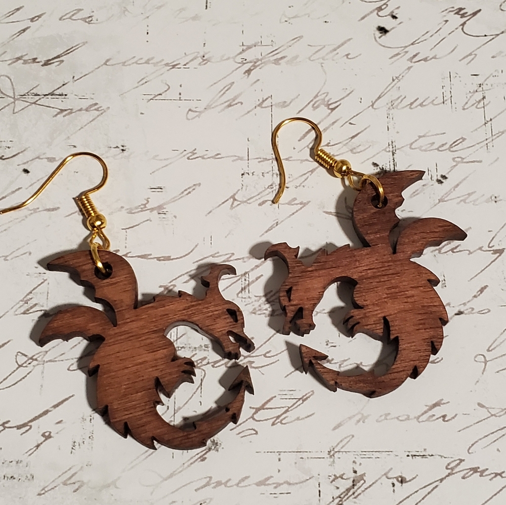 Wood Dragon Earrings Full length approx. 2"